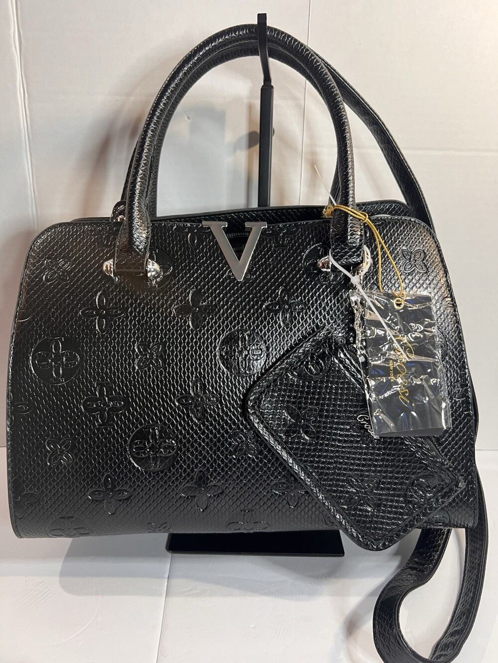 Grossi Black Embossed Satchel Crossbody Bag w/ Pouch & Strap NWT